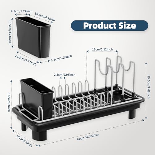SanDream Small Dish Drying Rack with Removable Utensil Holder & Anti-Scratch Base - Stainless Steel Dish Rack, Dish Drying Rack with Drainage & Space Saving Design for Kitchen Counter, Black - My Kitchen Products
