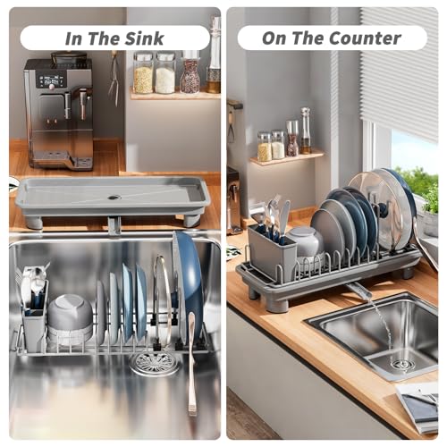 SanDream Small Dish Drying Rack with Removable Utensil Holder & Anti-Scratch Base - Stainless Steel Dish Rack, Dish Drying Rack with Drainage & Space Saving Design for Kitchen Counter, Gray - My Kitchen Products