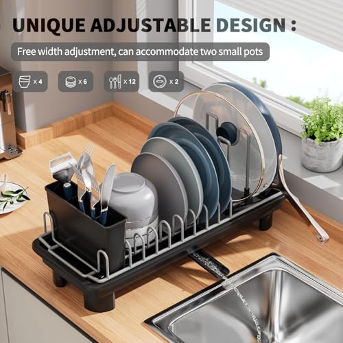 SanDream Small Dish Drying Rack with Removable Utensil Holder & Anti-Scratch Base - Stainless Steel Dish Rack, Dish Drying Rack with Drainage & Space Saving Design for Kitchen Counter, Black - My Kitchen Products