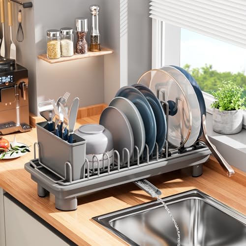 SanDream Small Dish Drying Rack with Removable Utensil Holder & Anti-Scratch Base - Stainless Steel Dish Rack, Dish Drying Rack with Drainage & Space Saving Design for Kitchen Counter, Gray - My Kitchen Products