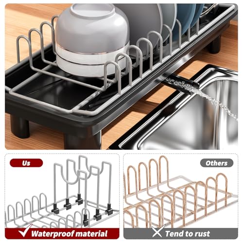 SanDream Small Dish Drying Rack with Removable Utensil Holder & Anti-Scratch Base - Stainless Steel Dish Rack, Dish Drying Rack with Drainage & Space Saving Design for Kitchen Counter, Black - My Kitchen Products