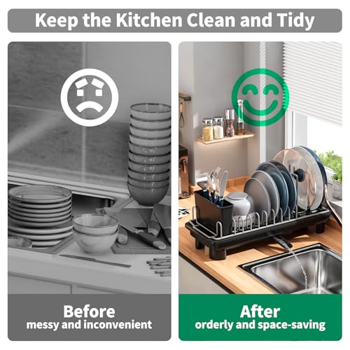 SanDream Small Dish Drying Rack with Removable Utensil Holder & Anti-Scratch Base - Stainless Steel Dish Rack, Dish Drying Rack with Drainage & Space Saving Design for Kitchen Counter, Black - My Kitchen Products