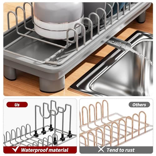 SanDream Small Dish Drying Rack with Removable Utensil Holder & Anti-Scratch Base - Stainless Steel Dish Rack, Dish Drying Rack with Drainage & Space Saving Design for Kitchen Counter, Gray - My Kitchen Products