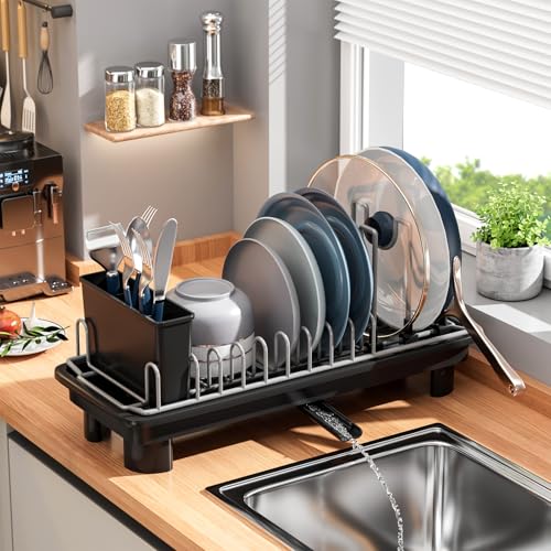 SanDream Small Dish Drying Rack with Removable Utensil Holder & Anti-Scratch Base - Stainless Steel Dish Rack, Dish Drying Rack with Drainage & Space Saving Design for Kitchen Counter, Black - My Kitchen Products