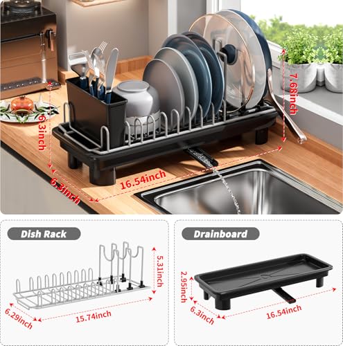 SanDream Small Dish Drying Rack with Removable Utensil Holder & Anti-Scratch Base - Stainless Steel Dish Rack, Dish Drying Rack with Drainage & Space Saving Design for Kitchen Counter, Black - My Kitchen Products