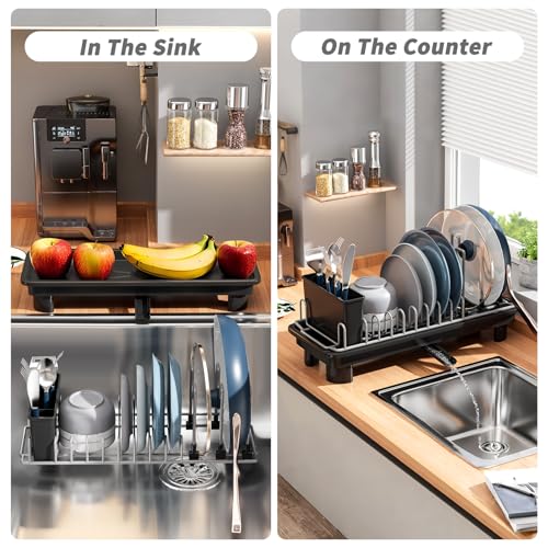 SanDream Small Dish Drying Rack with Removable Utensil Holder & Anti-Scratch Base - Stainless Steel Dish Rack, Dish Drying Rack with Drainage & Space Saving Design for Kitchen Counter, Black - My Kitchen Products
