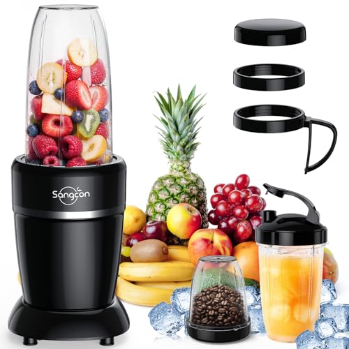 Sangcon 1000W Smoothie Blender for Kitchen, Blenders for Smoothies with (3) Cups (2) Spout Covers (1) Storage Cap (1) To-Go