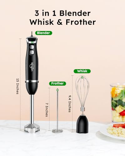 Sangcon Immersion Blender Handheld, 3-in-1 Hand Blender Electric, 400W Handheld Licuadora de mano, Stainless Steel Blade Stick Mixer with Whisk, Milk Frother Attachments - Black - My Kitchen Products