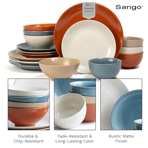 Sango Siterra Painter's Palette 16-Piece Stoneware Dinnerware Set - Service for 4, Ceramic Plates and Bowls Sets, Chip Resistant, Rustic Dishware, Microwave & Dishwasher Safe Kitchen Dishes - My Kitchen Products