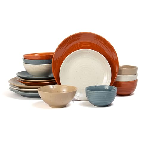 Sango Siterra Painter's Palette 16-Piece Stoneware Dinnerware Set - Service for 4, Ceramic Plates and Bowls Sets, Chip Resistant, Rustic Dishware, Microwave & Dishwasher Safe Kitchen Dishes - My Kitchen Products