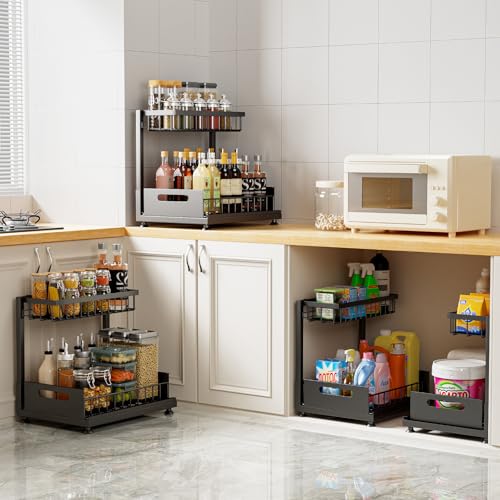 Saydear Under Sink Organizer Storage 2-Tier Premium Metal Pull-Out Kitchen Cabinet Organizer with Sliding Drawer, Height Adjustable, Heavy Duty for Kitchen & Bathroom Organizers 2 Pack Black - My Kitchen Products