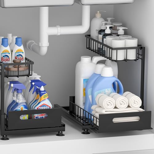 Saydear Under Sink Organizer Storage 2-Tier Premium Metal Pull-Out Kitchen Cabinet Organizer with Sliding