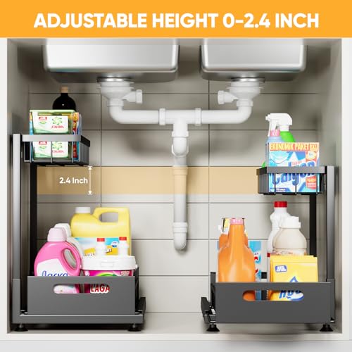Saydear Under Sink Organizer Storage 2-Tier Premium Metal Pull-Out Kitchen Cabinet Organizer with Sliding Drawer, Height Adjustable, Heavy Duty for Kitchen & Bathroom Organizers 2 Pack Black - My Kitchen Products