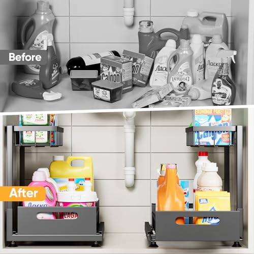 Saydear Under Sink Organizer Storage 2-Tier Premium Metal Pull-Out Kitchen Cabinet Organizer with Sliding Drawer, Height Adjustable, Heavy Duty for Kitchen & Bathroom Organizers 2 Pack Black - My Kitchen Products