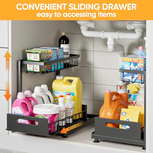 Saydear Under Sink Organizer Storage 2-Tier Premium Metal Pull-Out Kitchen Cabinet Organizer with Sliding Drawer, Height Adjustable, Heavy Duty for Kitchen & Bathroom Organizers 2 Pack Black - My Kitchen Products