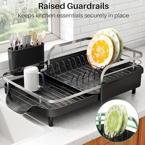 SAYZH Dish Drying Rack - Expandable Dish Rack for Kitchen Counter, Rust-Resistant Dish Drainer with Utensil Holder and Raised Guardrail, Kitchen Organizer for Cup and Bottle (Black) - My Kitchen Products