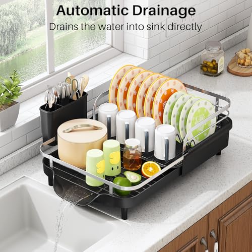 SAYZH Dish Drying Rack - Expandable Dish Rack for Kitchen Counter, Rust-Resistant Dish Drainer with Utensil Holder and Raised Guardrail, Kitchen Organizer for Cup and Bottle (Black) - My Kitchen Products