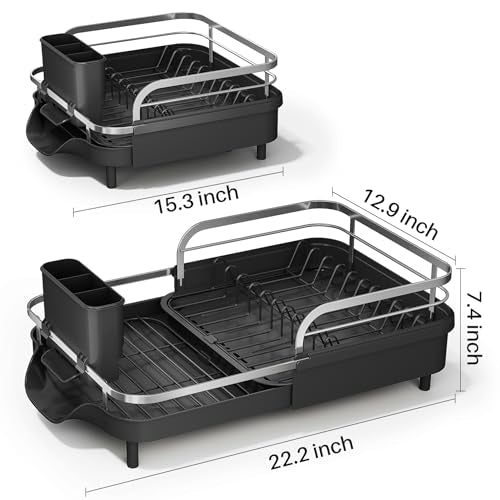 SAYZH Dish Drying Rack - Expandable Dish Rack for Kitchen Counter, Rust-Resistant Dish Drainer with Utensil Holder and Raised Guardrail, Kitchen Organizer for Cup and Bottle (Black) - My Kitchen Products