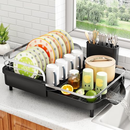 SAYZH Dish Drying Rack - Expandable Dish Rack for Kitchen Counter, Rust-Resistant Dish Drainer with Utensil Holder and Raised Guardrail, Kitchen Organizer for Cup and Bottle (Black) - My Kitchen Products