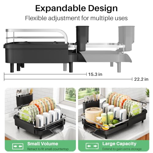 SAYZH Dish Drying Rack - Expandable Dish Rack for Kitchen Counter, Rust-Resistant Dish Drainer with Utensil Holder and Raised Guardrail, Kitchen Organizer for Cup and Bottle (Black) - My Kitchen Products
