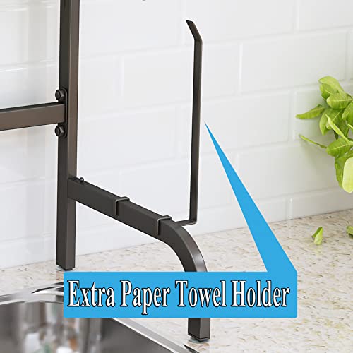 SAYZH Over the Sink Dish Drying Rack, Adjustable (25.5 to 33.5 inch) 2 Tier Metal Steel Dish Drying Racks for Kitchen Counter with Hooks Paper Towel Utensil Cup Holder Sink Caddy (Black) - My Kitchen Products