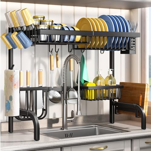 SAYZH Over the Sink Dish Drying Rack, Adjustable (25.5 to 33.5 inch) 2 Tier Metal Steel Dish Drying Racks for Kitchen Counter with Hooks Paper Towel Utensil Cup Holder Sink Caddy (Black) - My Kitchen Products