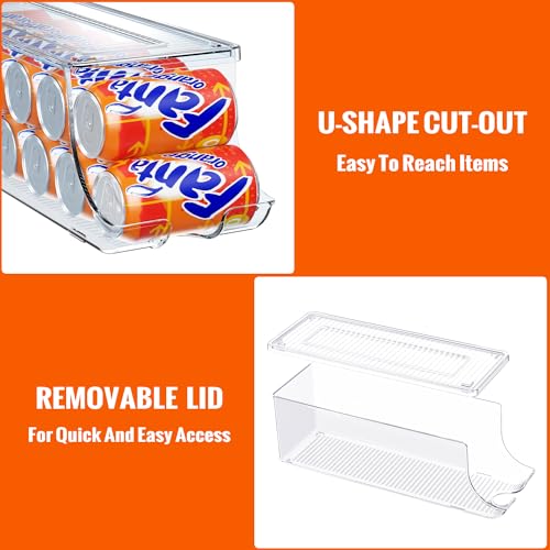SCAVATA 4 Pack Soda Can Organizer for Refrigerator, Stackable Canned Food Pop Cans Container Can Holder Dispenser with Lid for Fridge Rack Freezer, Clear Storage Bins-Holds 12 Cans Each (Transparent) - My Kitchen Products