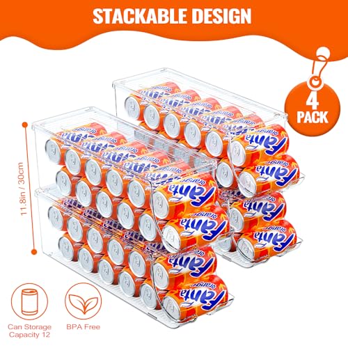 SCAVATA 4 Pack Soda Can Organizer for Refrigerator, Stackable Canned Food Pop Cans Container Can Holder Dispenser with Lid for Fridge Rack Freezer, Clear Storage Bins-Holds 12 Cans Each (Transparent) - My Kitchen Products