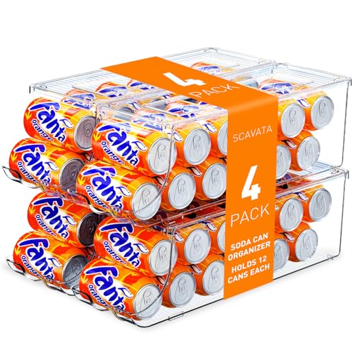 SCAVATA 4 Pack Soda Can Organizer for Refrigerator, Stackable Canned Food Pop Cans Container Can Holder Dispenser with Lid