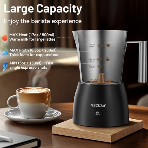 Secura 17oz Electric Milk Frother and Steamer, Stainless Steel Detachable Milk Jug, 4-in-1 Hot & Cold Foam Maker for Latte, Cappuccino & Hot Chocolate, BPA & Teflon-Free, Dishwasher Safe - My Kitchen Products