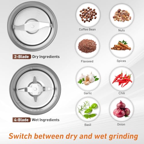 Secura Electric Coffee Grinder and Spice Grinder with 2 Stainless Steel Blades Removable Bowls - My Kitchen Products