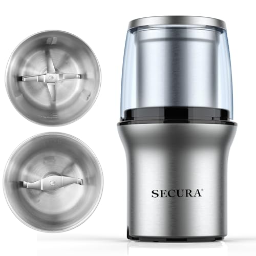 Secura Electric Coffee Grinder and Spice Grinder with 2 Stainless Steel Blades Removable Bowls - My Kitchen Products