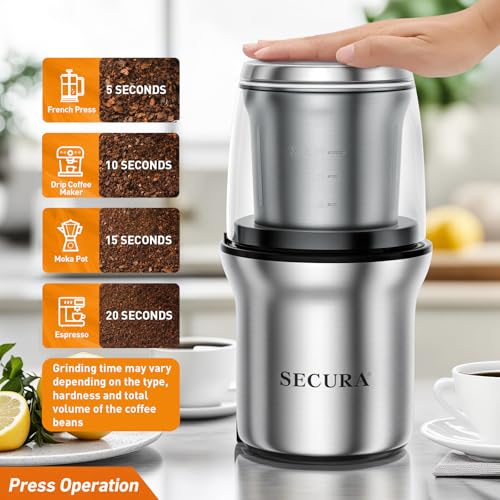 Secura Electric Coffee Grinder and Spice Grinder with 2 Stainless Steel Blades Removable Bowls - My Kitchen Products