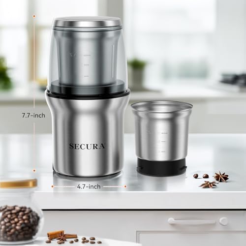 Secura Electric Coffee Grinder and Spice Grinder with 2 Stainless Steel Blades Removable Bowls - My Kitchen Products
