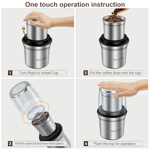 Secura Electric Coffee Grinder and Spice Grinder with Stainless Steel Blades, 1 Removable Bowl, Stainless - My Kitchen Products