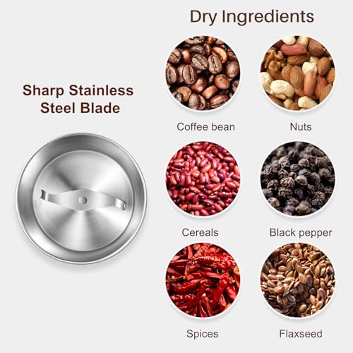 Secura Electric Coffee Grinder and Spice Grinder with Stainless Steel Blades, 1 Removable Bowl, Stainless - My Kitchen Products