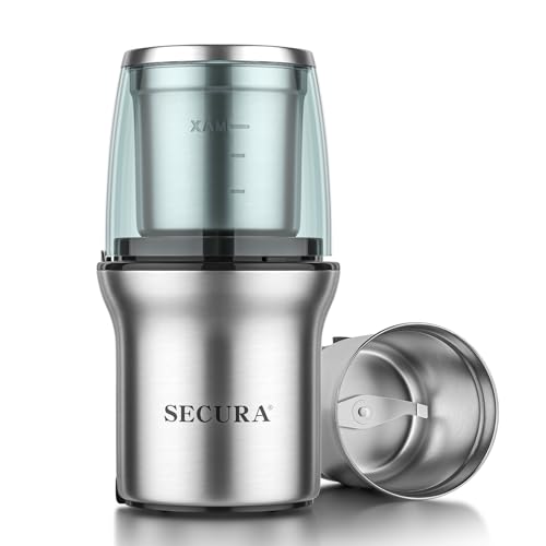 Secura Electric Coffee Grinder and Spice Grinder with Stainless Steel Blades, 1 Removable Bowl, Stainless - My Kitchen Products