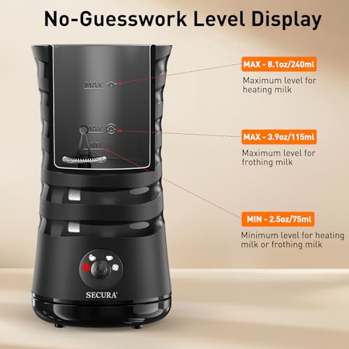 Secura Electric Milk Frother, Automatic Milk Steamer, 4-IN-1 Hot & Cold Foam Maker-8.4oz/240ml Milk Warmer for Latte, Cappuccinos, Macchiato with Silicone Spatula, Quiet Operation & Shut-off (Black) - My Kitchen Products