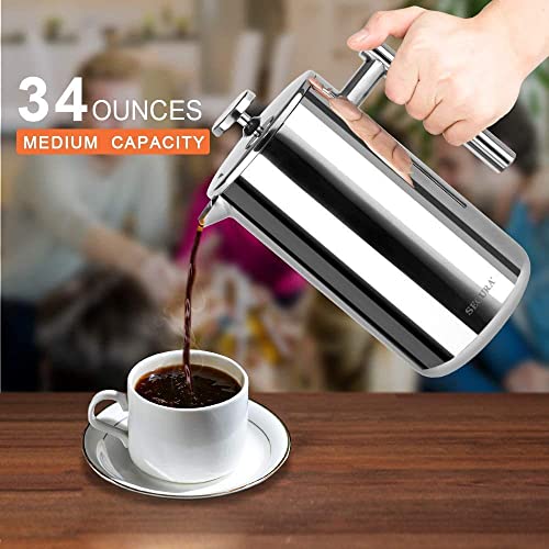Secura French Press Coffee Maker, 304 Grade Stainless Steel Insulated Coffee Press with 2 Extra Screens, 34oz (1 Litre), Silver - My Kitchen Products