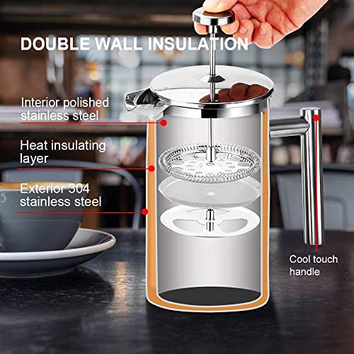 Secura French Press Coffee Maker, 304 Grade Stainless Steel Insulated Coffee Press with 2 Extra Screens, 34oz (1 Litre), Silver - My Kitchen Products