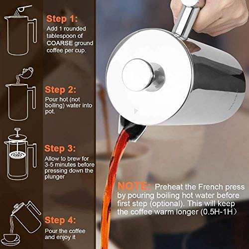 Secura French Press Coffee Maker, 304 Grade Stainless Steel Insulated Coffee Press with 2 Extra Screens, 34oz (1 Litre), Silver - My Kitchen Products