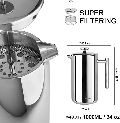 Secura French Press Coffee Maker, 304 Grade Stainless Steel Insulated Coffee Press with 2 Extra Screens, 34oz (1 Litre), Silver - My Kitchen Products