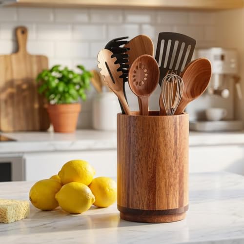 Segtenant Utensil Holder, Acacia Wood Kitchen Utensil Holder for Countertop, 360°Rotating Cooking Utensil Crock for Kitchen Counter, 7.2" Large Utensil Organizer for Spatula - My Kitchen Products