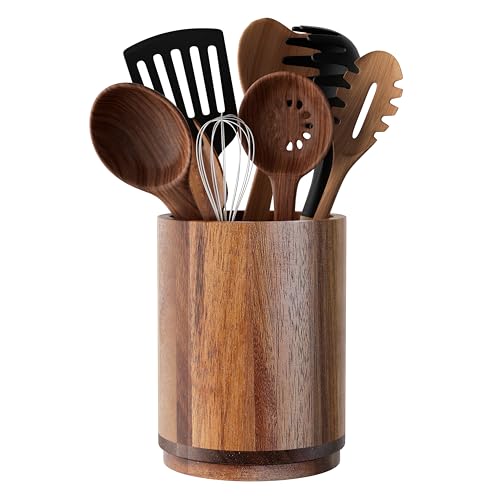 Segtenant Utensil Holder, Acacia Wood Kitchen Utensil Holder for Countertop, 360°Rotating Cooking Utensil Crock for Kitchen