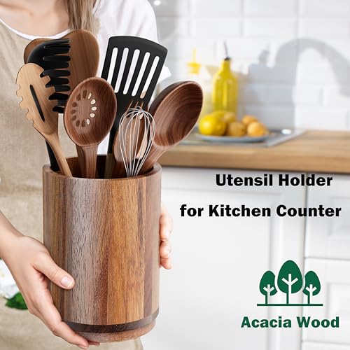 Segtenant Utensil Holder, Acacia Wood Kitchen Utensil Holder for Countertop, 360°Rotating Cooking Utensil Crock for Kitchen Counter, 7.2" Large Utensil Organizer for Spatula - My Kitchen Products