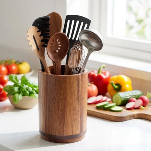 Segtenant Utensil Holder, Acacia Wood Kitchen Utensil Holder for Countertop, 360°Rotating Cooking Utensil Crock for Kitchen Counter, 7.2" Large Utensil Organizer for Spatula - My Kitchen Products