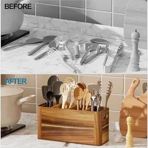 Segtenant Utensil Holder for Kitchen Counter, Extra Large Utensil Holder for Countertop with 4 Compartments Wooden Cooking Utensil Organizer for Spatula Kitchen Storage, Acacia Wood - My Kitchen Products
