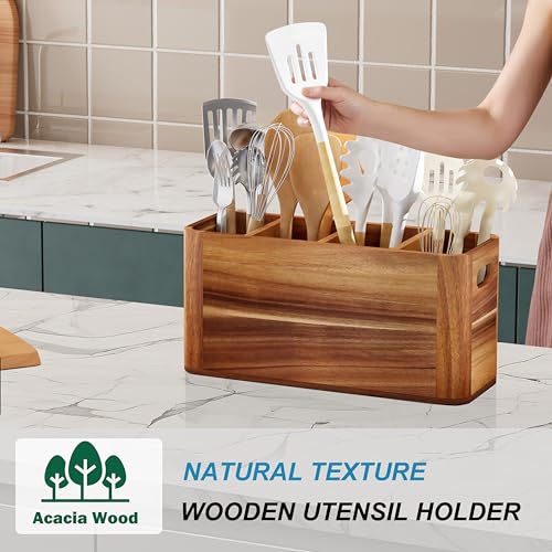 Segtenant Utensil Holder for Kitchen Counter, Extra Large Utensil Holder for Countertop with 4 Compartments Wooden Cooking Utensil Organizer for Spatula Kitchen Storage, Acacia Wood - My Kitchen Products