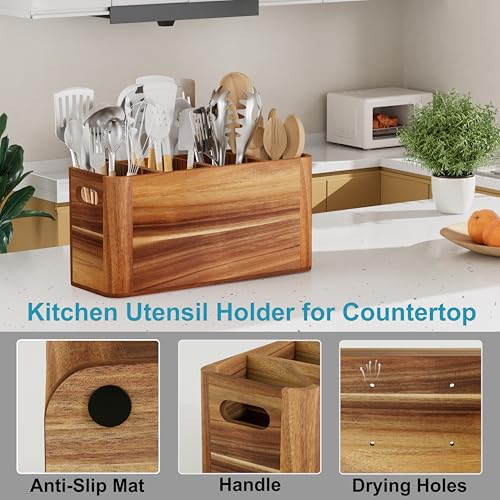 Segtenant Utensil Holder for Kitchen Counter, Extra Large Utensil Holder for Countertop with 4 Compartments Wooden Cooking Utensil Organizer for Spatula Kitchen Storage, Acacia Wood - My Kitchen Products
