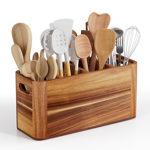 Segtenant Utensil Holder for Kitchen Counter, Extra Large Utensil Holder for Countertop with 4 Compartments Wooden Cooking